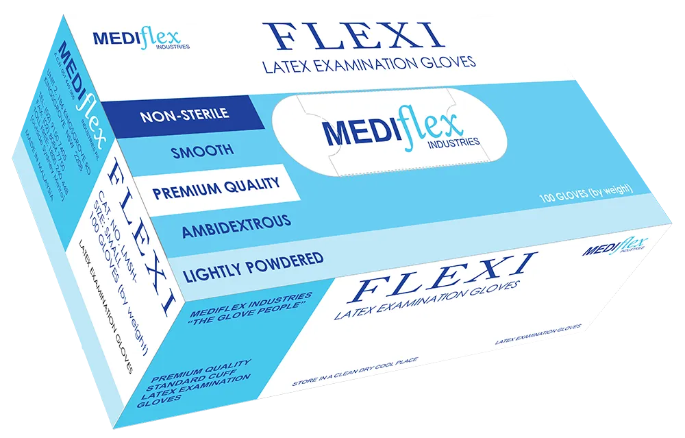 Mediflex Flexi latex examination gloves box featuring lightly powdered latex gloves for medical use